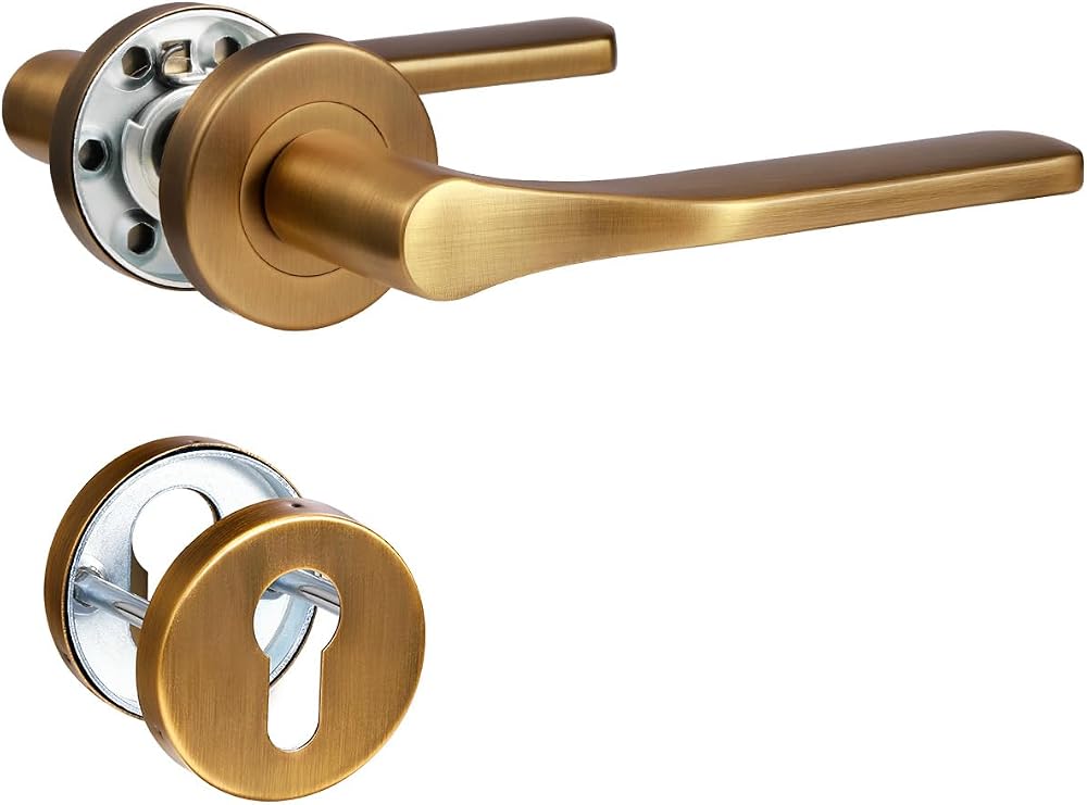 Door Handle Antique Brass Door Handle Set Matte Brushed Stainless Steel Door Handle Set for Front Door and Interior Door L Shape Round Rosette PZ Profile Cylinder