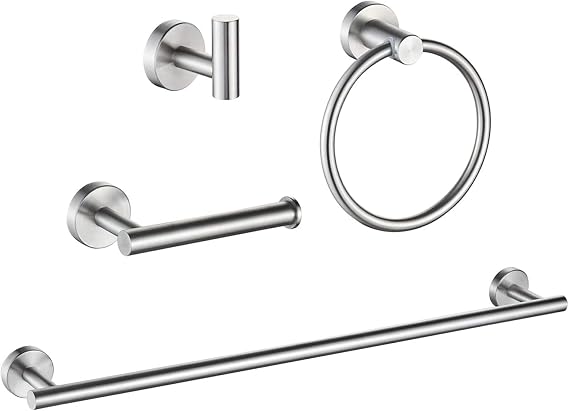 4-Pieces Bathroom Accessories Set, Brushed Silver Bathroom Hardware SUS304 Stainless Steel Wall Mounted-Includes 24" Hand Towel Bar,Towel Ring,Toilet Paper Holder, Robe Towel Hooks