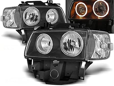 Headlights compatible with Volkswagen T4 1996 1997 1998 1999 2000 2001 2002 2003 Bus GV-1619 Front Lights Car Lamps Headlamp Headlamps Driver And Passenger Side Complete Set Headlight Angel Eyes Black