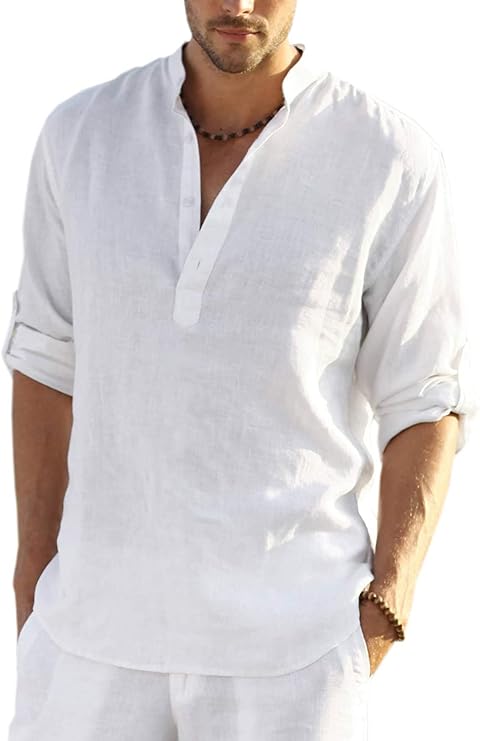COOFANDY Men's Shirt Long Sleeve Henley Shirt Linen Shirt Cotton Casual Regular Fit Summer Shirt