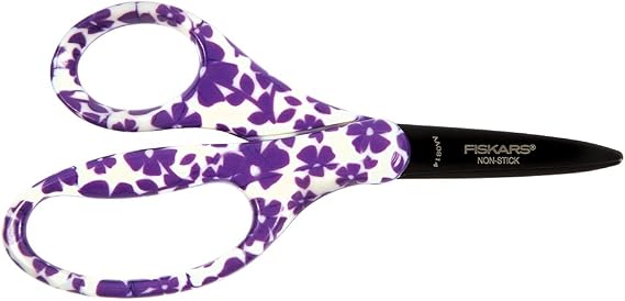 Fiskars 5 Inch Designer Non Stick Pointed-tip Kids Scissors, Purple Floral