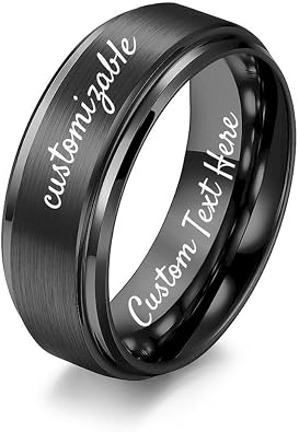 EBAT Personalized Mens Tungsten Wedding Band - Custom Engraved Black Ring, 6/8/10mm Width