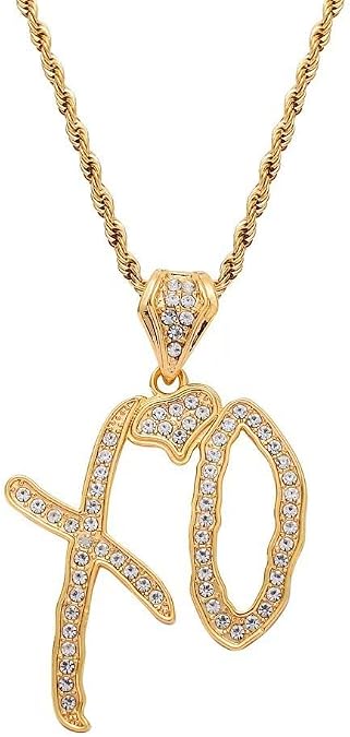 MALOYANVE XO Letter Pendant Necklace for Men Women Hip Hop Stainless Steel Cubic Zirconia Iced Out Letter Pendant Statement Jewelry Gift