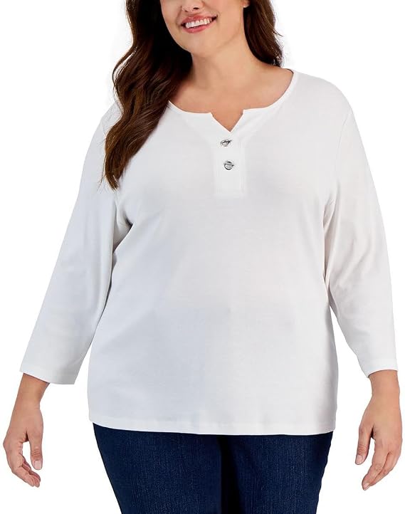 Karen Scott Womens Plus Cotton Toggle Button Neck Blouse