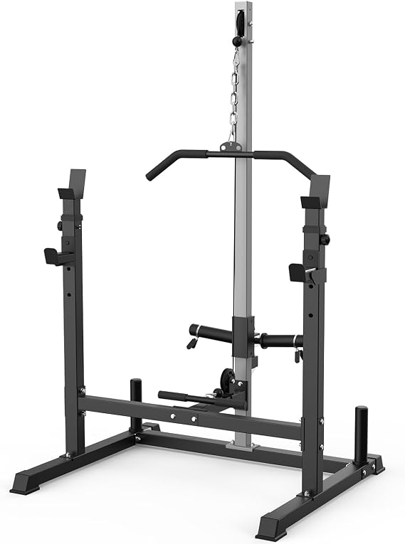 JX FITNESS Power Cage Rack with Lat Pull-Down Pulley System Adjustable Squat Stand Power Cage with J Hook for Home Gym