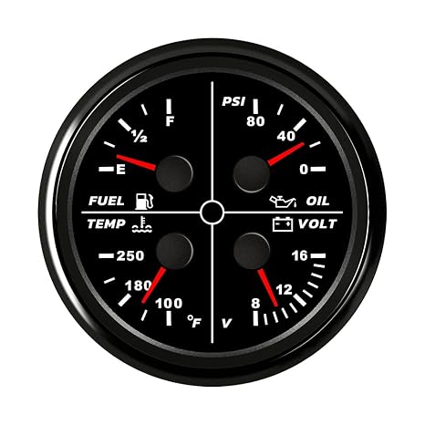 ELING Universal 85mm 4 in 1 Multi-Function Gauge Oil Pressure 0-80Psi Fuel Level 0-190ohm 100-250F Water Temp 8-16V Voltmeter with Red Backlight (Black+Black)