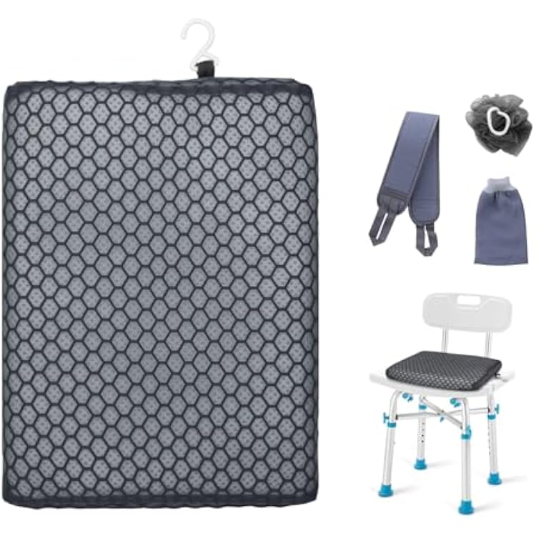 Anycosy Shower Seat Cushion Waterproof,Bathtub Cushion for Transfer Benches,Slip-Resistant 3D Foam Mesh Bathtub Chair Pad with Hook,Quick Drying Shower Seat Mat for Elderly Gray, Medium
