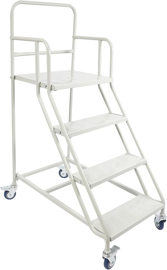 4 Step Stairs with Wheels, Industrial & Warehouse Step Ladder with Patterned Pedal & Three-Sided Guardrail Non-Slip Rolling Steps for Households, Shops, Supermarkets, Libraries 881.85 Lbs Capacity