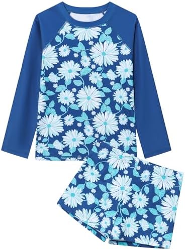 2 Piece Girls Rash Guard Set Long Sleeves Swimsuit Quick Dry Swimwear Beach Shorts Summer Bathing Suits for 3-12 Years