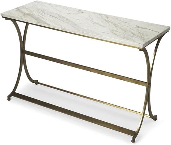 MAKLAINE Console Table, 48" W x 18" D x 30" H, Travertine Top with Antique Gold Metal Base, Modern Rectangular Design, Distressed Finish, Stylish Entryway or Living Room Accent Furniture