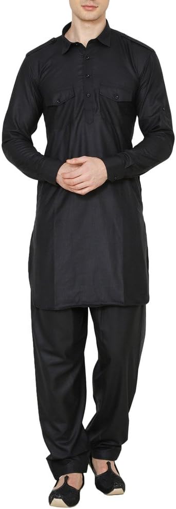 Royal Kurta Men's Linen Pathani Suit Large Black