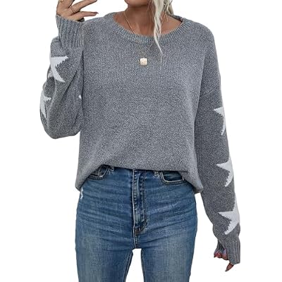 SHENHE Womens Star Pullovers Sweater Top Drop Shoulder Round Neck Casual Long Sleeve Top Grey XXL