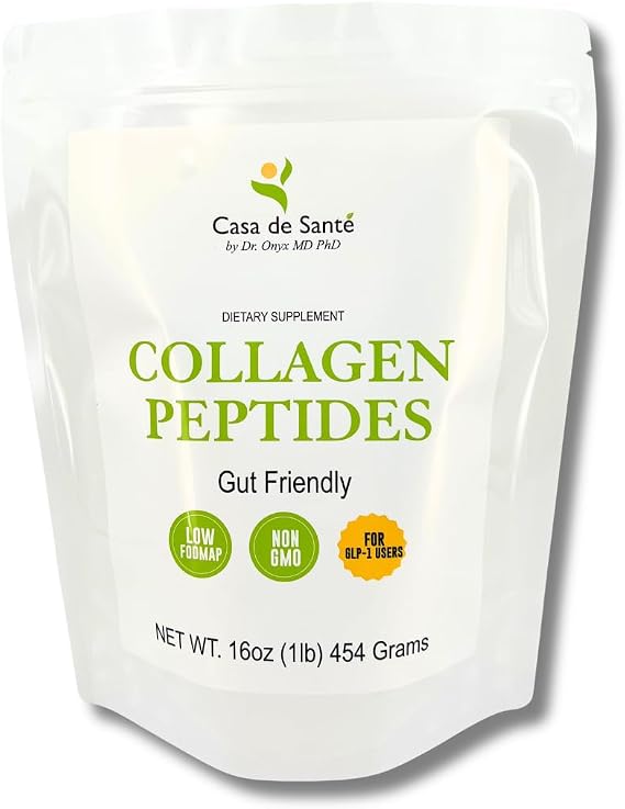 Casa de Sante Hydrolyzed Collagen Peptides - GLP-1 Support | Low FODMAP Gut Friendly Type I & III Bovine | MD PhD Formulated 9g Protein | Lactose Free Soy Free Unflavored - 16 oz