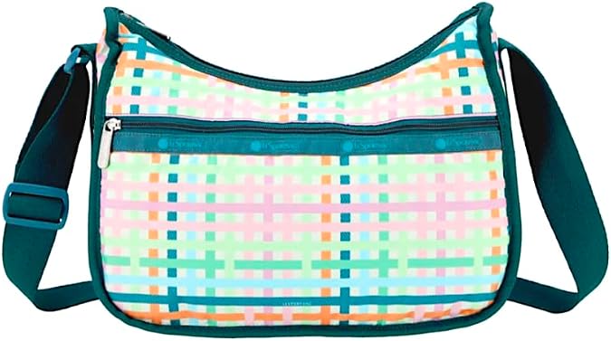 LeSportsac Mason Madras Classic Hobo Crossbody Bag + Cosmetic Bag, Style 7520/Color E875, Festive Tropical Hues, Modern & Fun Interpretative Plaid Design, Lively Weave Design, Chevron Background
