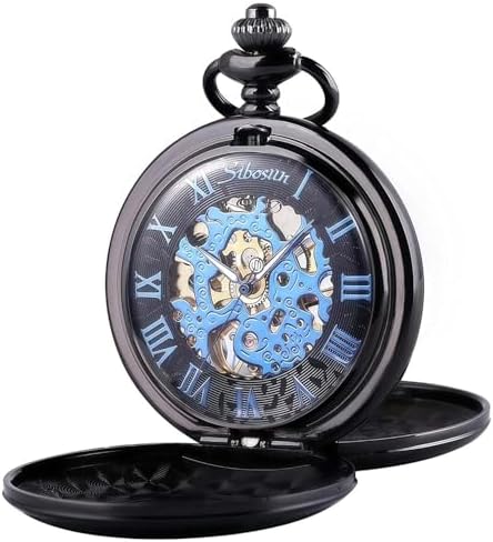 SIBOSUN Pocket Watch Mens Pocket Watches Mechanical Pocket Watch with Chain Roman Numerals Dial Skeleton Men Women - Gifts for Dad, Grandpa, Husband, Boyfriend