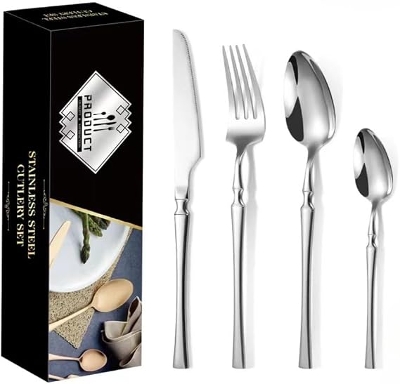 24 Piece Set of Flip Wooden Boxes, Gold and Silver Tableware, Gold-plated Stainless Steel Tableware, Mirror Polished Tableware That Can Be Cleaned In The Dishwasher (Rectangular box,silvery)