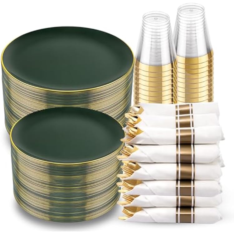 KIRE 350PCS Green Plates Disposable - Heavy Duty Green and Gold Plates - 50Guest Include Green Plastic Dinnerware - Pro Rolled Napkins with Gold Silverware and Cups for St. Patricks Day&Party