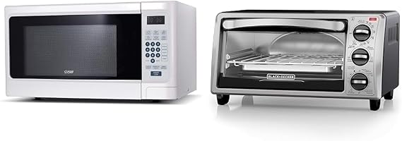 Commercial Chef Countertop Microwave, 1.1 Cubic feet, White & BLACK+DECKER 4-Slice Convection Oven, Stainless Steel, Curved Interior fits a 9 inch Pizza, TO1313SBD