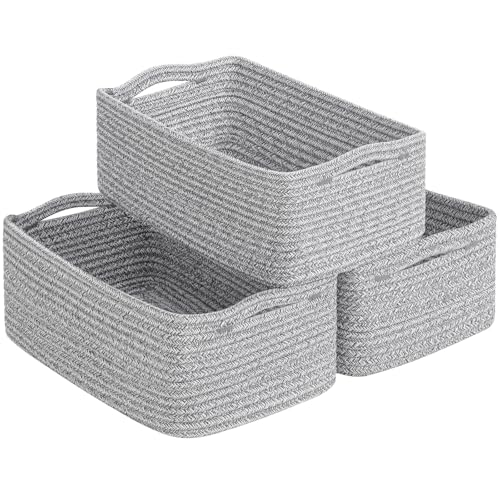 Goodpick Storage Baskets, Small Baskets for Organizing, Toy Storage for Gifting, Woven Rope Shelf Organizer for Nursery Organization 3 Pack, White & Gray, 11 x 7 x 4.5 in
