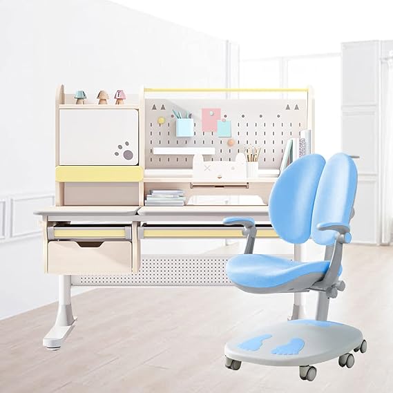 FCD Wood Ergonomic Kids Study Desk and Chair Set Height Adjustable Wood 47" Width Tiltable Desktop with Bookshelf and Hutch with Multi Function Study Chair(Natural Wood Desk w/Blue Chair)