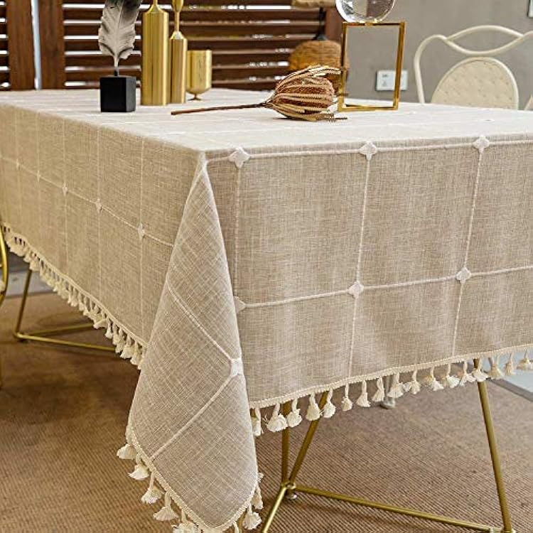 Deep Dream Tablecloths, Embroidered Waterproof Table Cloth Cotton Linen Wrinkle Free Anti-Fading Table Cover Decoration for Kitchen Dinning Party Christmas, 55 x 102 Inch - Light Brown