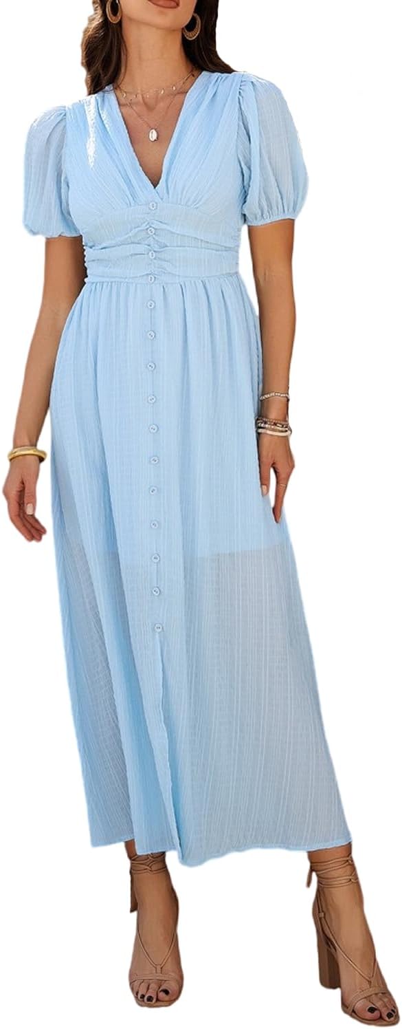 Womens Summer V Neck Short Sleeve Midi Dress Button Lantern Sleeve Split Hem Casual Flowy Elegant Party Long Dress