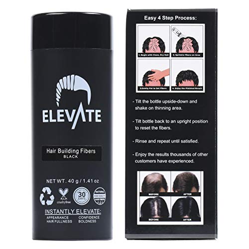 ELEVATE Hair Fibers for Thinning Hair Large Size 40g Bottle - 100% Natural Undetectable Keratin Fibers to Instantly Fill in Thinning Balding Loss Area Fuller in 30 Seconds Men & Women Black