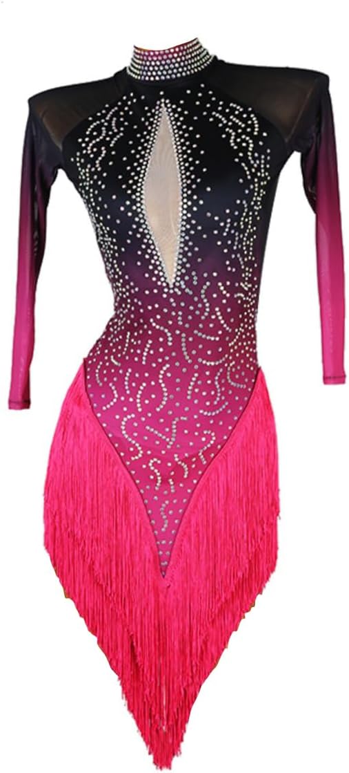 Latin Dance Dress for Women Fringe Salsa Dresses Competition Rumba Cha Cha Clothes Ballroom Dancing Costume(Rose red,L)