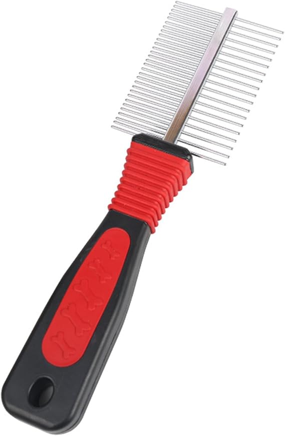 Dog & Cat Comb - Pet Grooming Combs, Double Row Stainless Steel Dogs Comb, Dog Cat Grooming Combs for Small Medium and Large Pets, Pet Fur Detangling Tool - Black & Red
