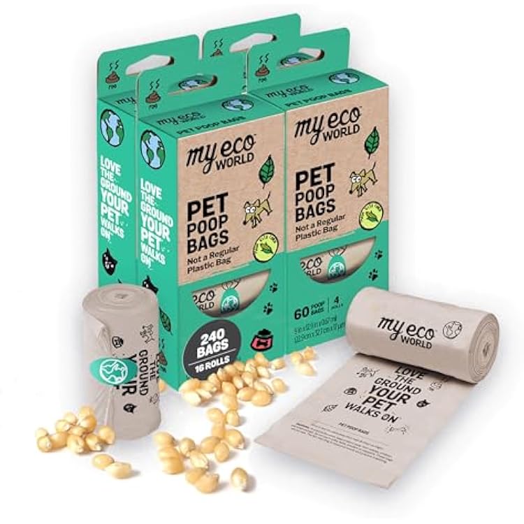 MyEcoWorld Compostable Pet Poop Bags - Made with Corn and Other Certified Compostable Materials - 240 Bags - 16 Roll - Extra Strong - Leak Proof - Unscented - Easy to Open