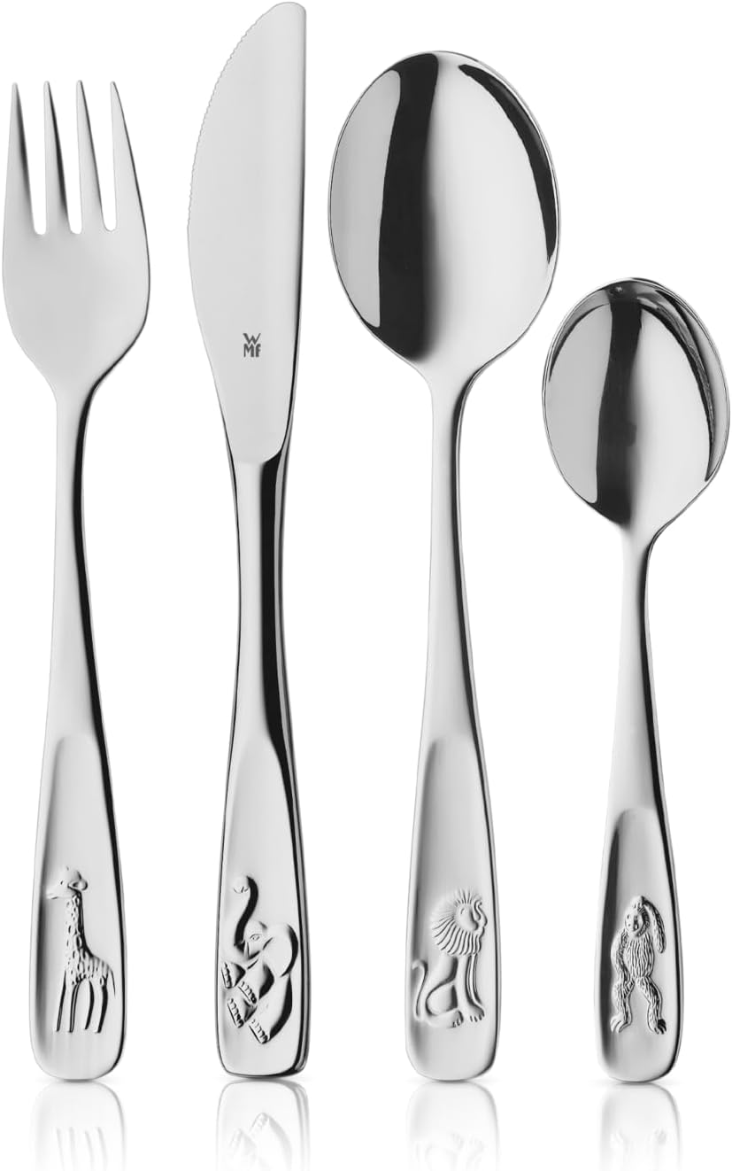 WMF Tiere Kinderbesteck Set Set 4-teilig Kinderbesteck Edelstahl Besteck Kinder ab 3 Jahre Cromargan poliert Universalverpackung
