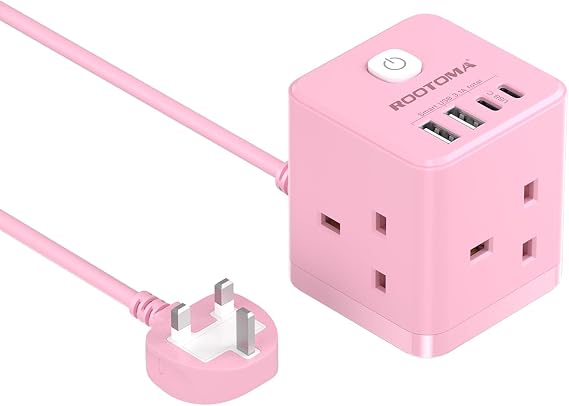Pink Cube Extension Lead with USB C Slots, 3 Way Power Extension | 4 USB (5V/3.1A 15.5W), Small Tower Extension Lead for Home, Office, Dorm Room, 2M, 13A/3250W