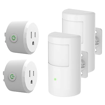 2 Pack Motion Sensor Switch with Outlet, PIR Wireless Motion Sensor Plug with Light Sensor, Adjustable Sensitivity, IP54 Waterproof, Auto Activated Lights and Devices for Indoor/Outdoor