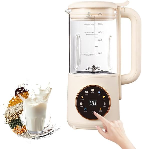 8 in 1 Nut Milk Maker Machine, 1400ml Automatic Soy Milk Maker Machine with 16 Leaves Blades, Noise-Insulating Cover, Homemade Plant-Based Milk, Oat, Almond, Juice with Delay Start, Self Cleaning
