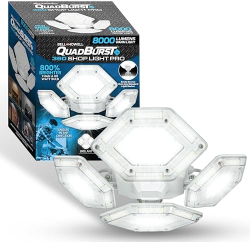 QUADBURST SHOPLIGHT PRO 360 LED - 8000 Lumens, 60 Watts - Bright Garage Light, Adjustable Panels Ceiling Fixture, Energy Saving LED Lighting for Workshop, Basement & Home improvement - As Seen on TV