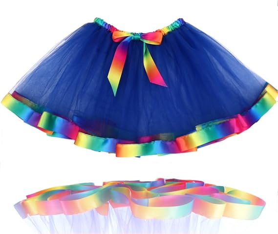 Twinklede Rainbow Tutu Skirt Colorful Tulle Tutu Ribbon Tassel Tutus Birthday Party Costume Skirts for Women (B Rainbow-Dark Blue)