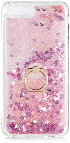 Aksesuarcim Apple iPhone 8 Plus ile Uyumlu Kılıfı Şeffaf Silikon Sıvılı Simli Yüzük Stand Olabilen Kamera Lens Korumalı Tarz Kapak Milce Pembe