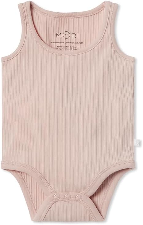 MORI Baby Premium Sleeveless Bodysuit in Ribbed Blush for Boys and Girls - Viscose from Bamboo - Unisex Top with Nickel Free Poppers - 0-3 Months