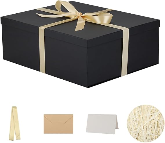Extra Large Gift Box with Lid 42x32x15.5 cm, Black Gift Boxes for presents Packaging for Birthdays, Valentine's Day, Christmas, (Include Shredded Paper Fill, Envelope Card Ribbon)