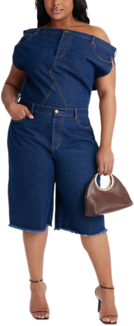 ksotutm Sexy Denim Jumpsuit for Women Off Shoulder Top and Short Romper One Piece Jean Bodysuit Bodycon with Pocket