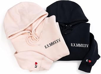 Custom Embroidered Roman Numeral Hoodie, Personalized Hoodie For Boyfriend Girlfriend With Initial Heart, Gifts for Boyfriend Girlfriend Couples, Matching Hoodies For Couples.