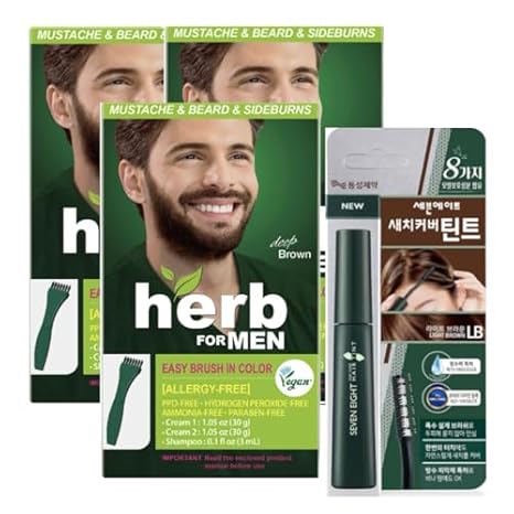 Herb For Men Mustache & Beard Dye (DB 3Set) & SEVEN EIGHT Gray Cover Hair Tint (Light Brown) PPD-Free Ammonia-Free Vegan Natural Ingredients Odorless Gentle for Sensitive Skin