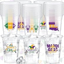 Remerry 180 Pcs Mardi Gras Cups, 16 oz Disposable Thick Plastic Double-sided Pattern Carnival Party Supplies, Colorful Throw Cups for Mardi Gras Celebration - 3 Styles(Clear)