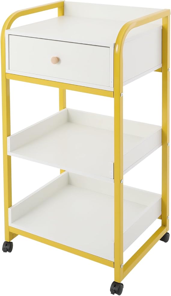 Salon Trolley Cart with Wheels, 3 Tier Rolling Hair Styling Station with Drawer, Mobile Beauty Trolley for Salon Barbershop Spa Tattoo(Lockable wheel) (Gold, Whit)
