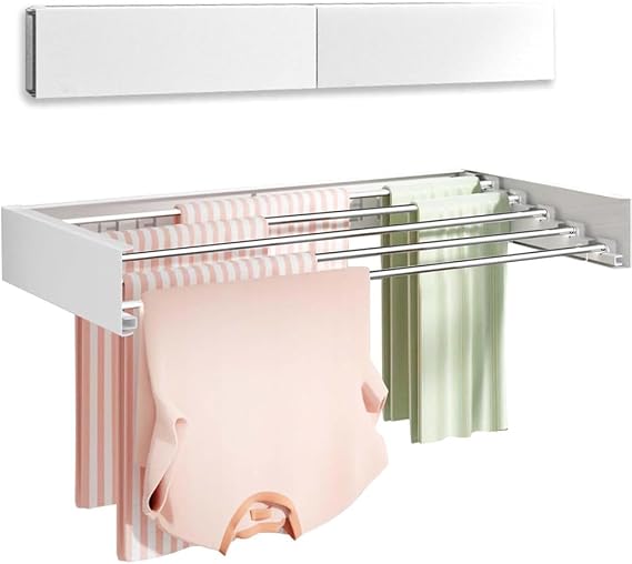 Wall Mounted Clothes Drying Rack, Laundry Drying Rack Collapsible, Extending Laundry Racks, Drying Racks with Wall Template, 5 Rods, White 31.5"