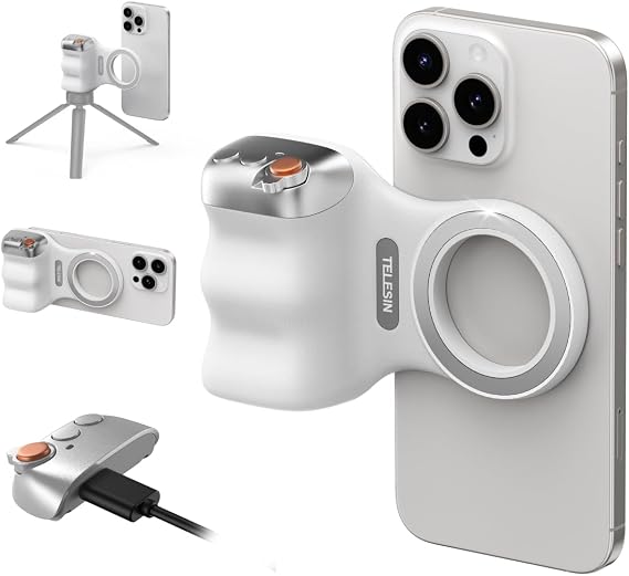 TELESIN Fun Shot Manyetik Cep Telefonu Kamera Tutacağı iPhone ve Android için, çıkarılabilir kablosuz uzaktan kumandalı, 6,35 mm tripod vidalı, ergonomik kamera tutucusu