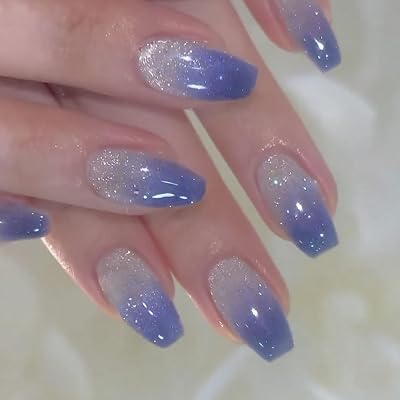 Ombre Blue White Press on Nails Short Medium Coffin Acrylic Fake Nails with Glitter Design Glue on Glossy Full Cover Artificial Gel False Stick on Nail for Girls Women Wedding Manicure 24Pcs
