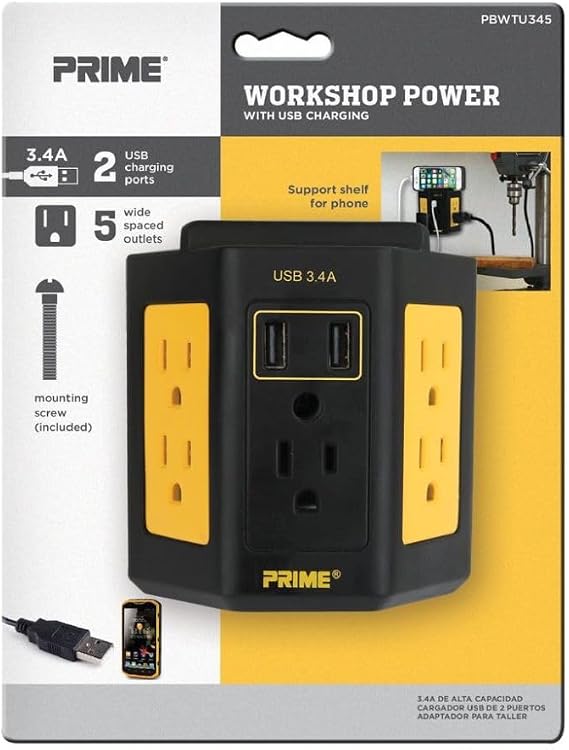 Prime PBWTU345 5-Outlet Black/Yellow Workshop Tap 2-USB 3.4 Amp Charger w/Stabilizing Screw