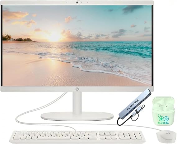 HP 21.5" FHD All-in-One Desktop Computer, Quad-Cores Intel N100, Windows 11 & 8-in-1 Docking Hub, Keyboard & Mouse Included, White (White, 16GB RAM | 640GB Storage)