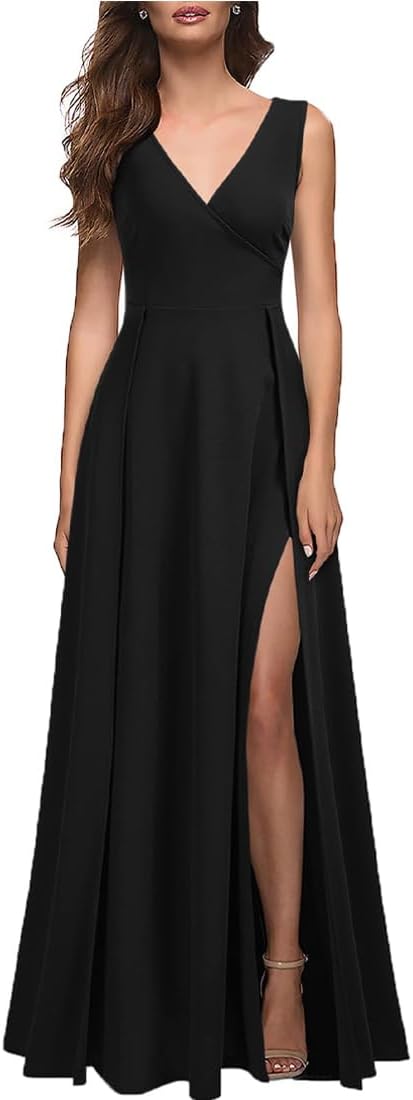 Women's Maxi Evening Dress Elegant V Neck Sleeveless High Slit Long Dress Sexy Formal Gowns Dresses Ladies Stretch Slim Fit Prom Dresses for Bridesmaids Club Cocktail Party Wedding